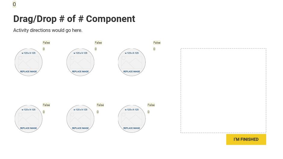 Drag-and-drop component template, with live variable readouts showing whether each drop is correct