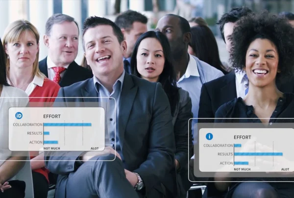 Group of diverse, smiling business professionals standing together in an office, with an overlay graphic displaying an 'Effort' chart related to collaboration and results.